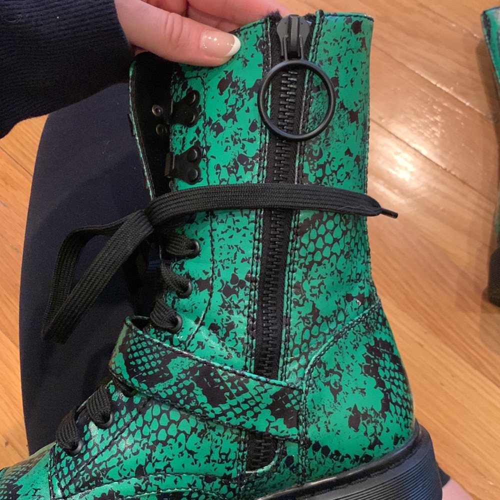 Current Mood Clothing Green Combat Boots Snakeskin Biker Moto Shoes Dolls Kill - Picture 7 of 13